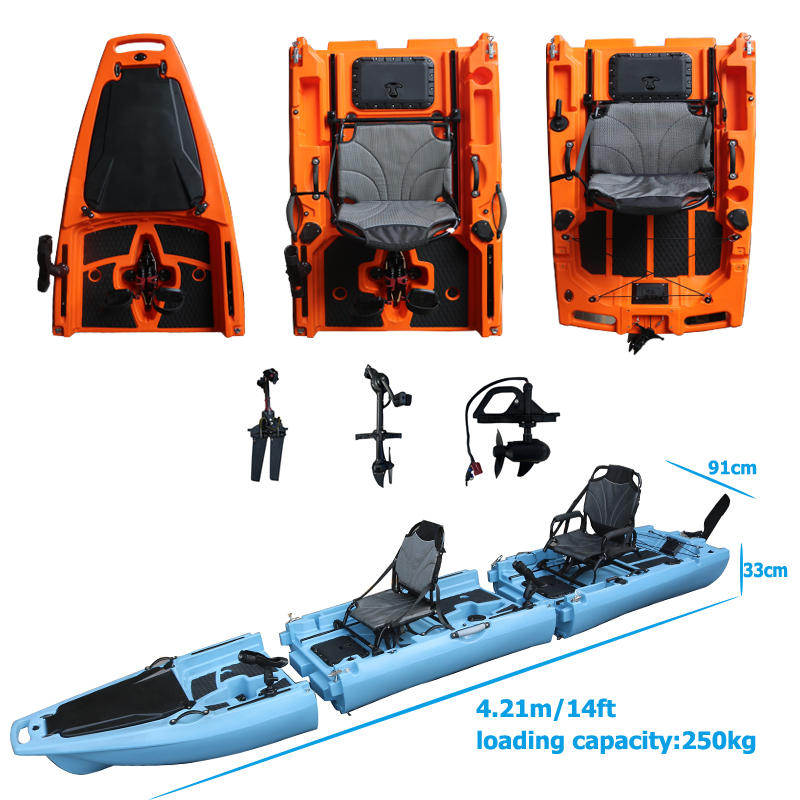 Fishing Kayak Sit On Top - 14フィート2人乗り取り外し可能ペダルカヤック シットオントップ ダブルシート HDPEプラスチック製 釣り用モジュラーカヤック タンデムボート